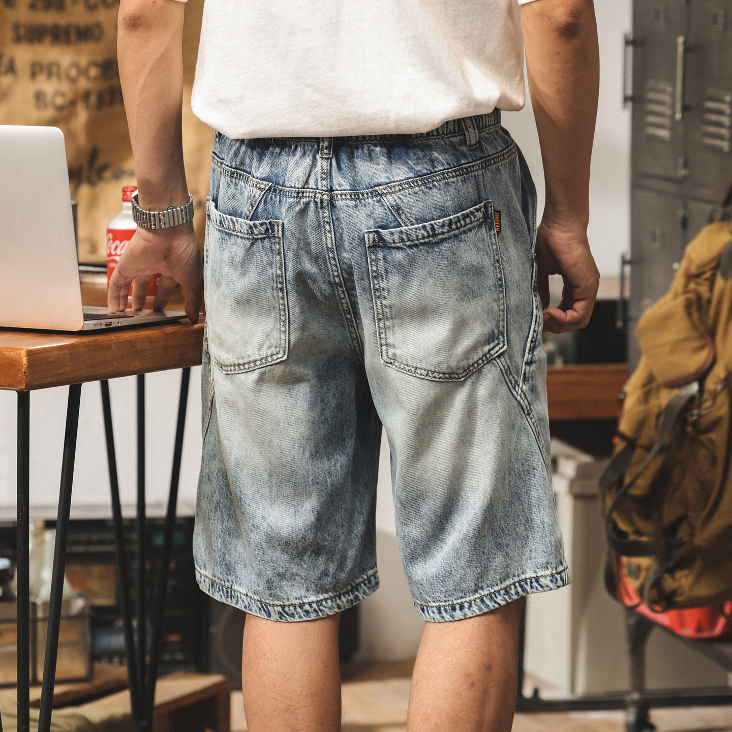 萊賽爾天絲牛仔短褲男潮牌寬鬆直筒五分褲休閒百搭拼接設計感中褲