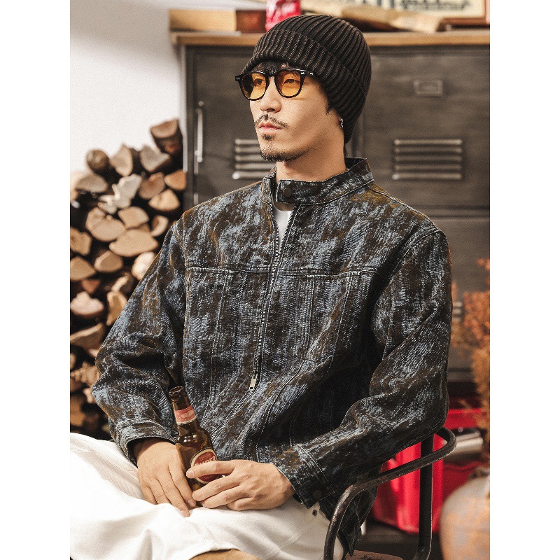 美式復古廢土風植絨斑駁牛仔外套男士秋季新款寬鬆潮流帥氣夾克男