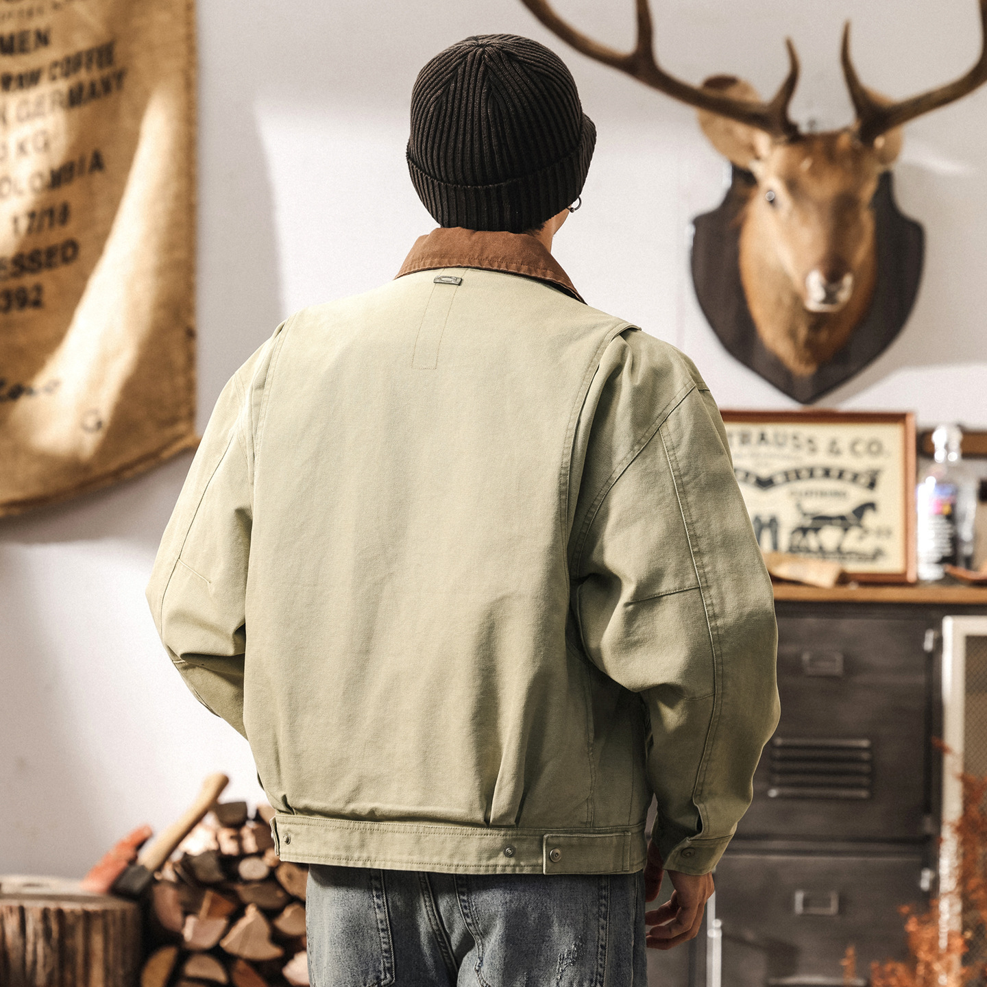 美式重磅復古雙股珠帆工裝外套男春秋潮牌寬鬆底特律獵裝男士夾克