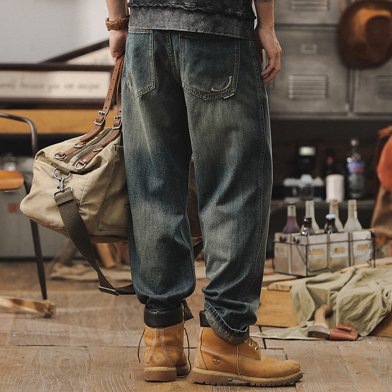 杰雷諾萊賽爾牛仔褲男直筒高端潮牌寬鬆闊腿褲復古水洗男士休閒褲
