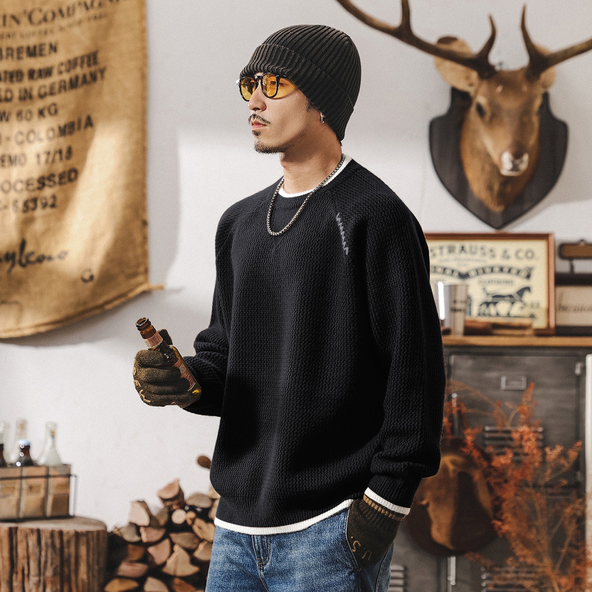 美式復古重磅假兩件毛衣男加厚冬季保暖毛線衣圓領寬鬆男士針織衫