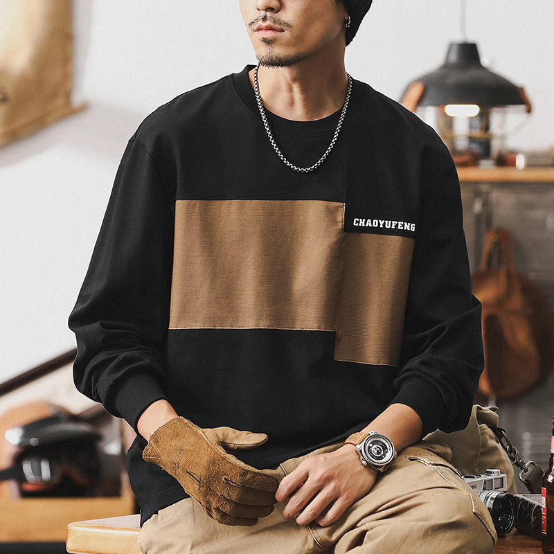美式複古280g重磅長袖t恤男秋季潮牌寬松拼接撞色休閑上衣男
