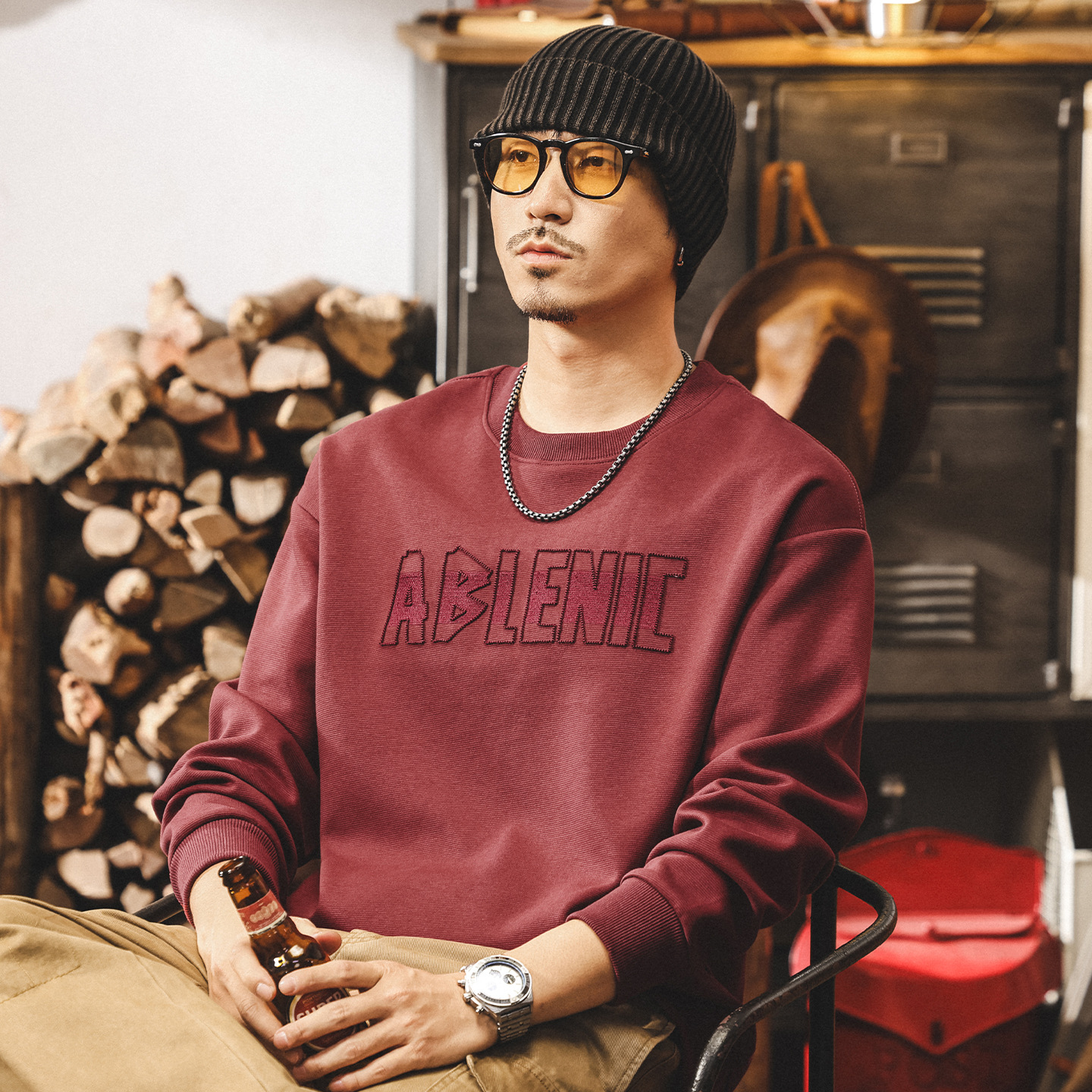 美式重磅復古酒紅色衛衣男2025秋季新款長袖t恤寬鬆大碼男裝上衣