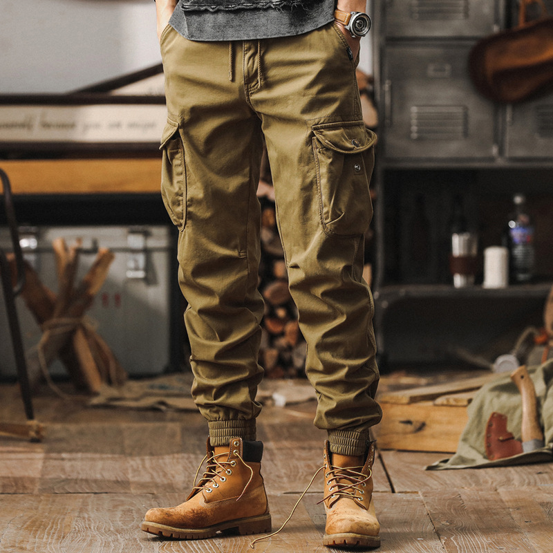 美式復古秋季工裝褲子男2024新款寬鬆休閒褲戶外機能戰術束腳褲男