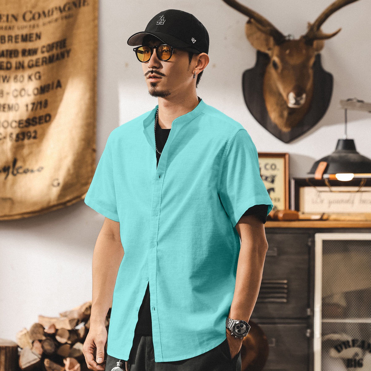 中式復古高級感棉麻襯衫男士短袖夏季新款潮牌寬鬆立領國風襯衣男