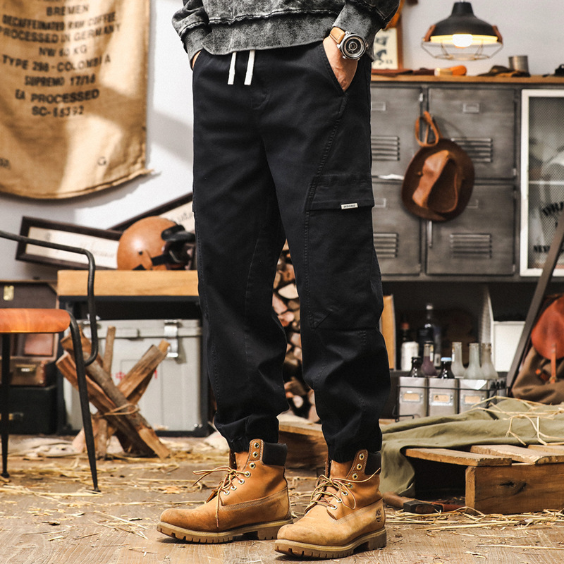 美式復古工裝褲男秋季2024新款束腳褲寬鬆潮牌黑色男士休閒長褲子