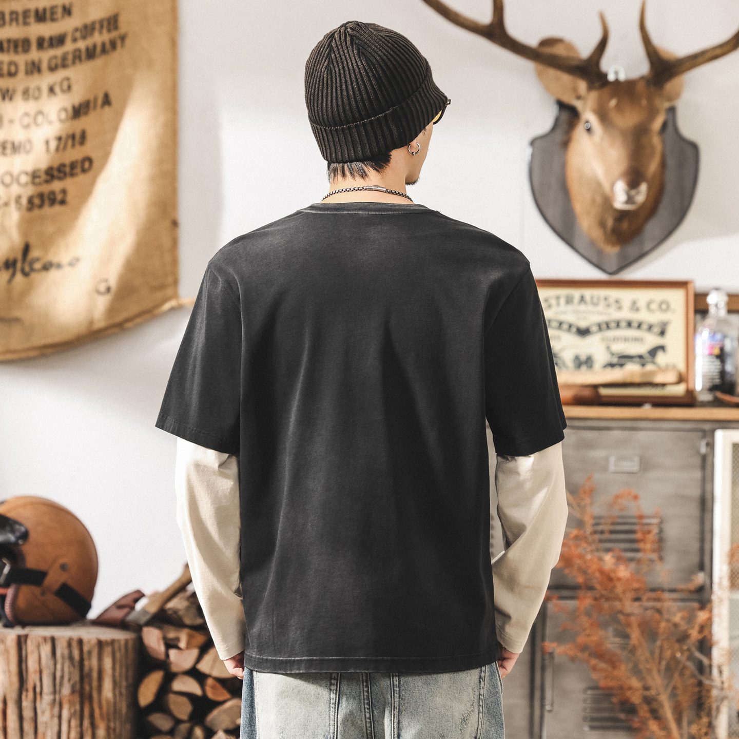 美式復古假兩件長袖t恤男款秋季高街潮牌水洗磨破做舊寬鬆上衣男