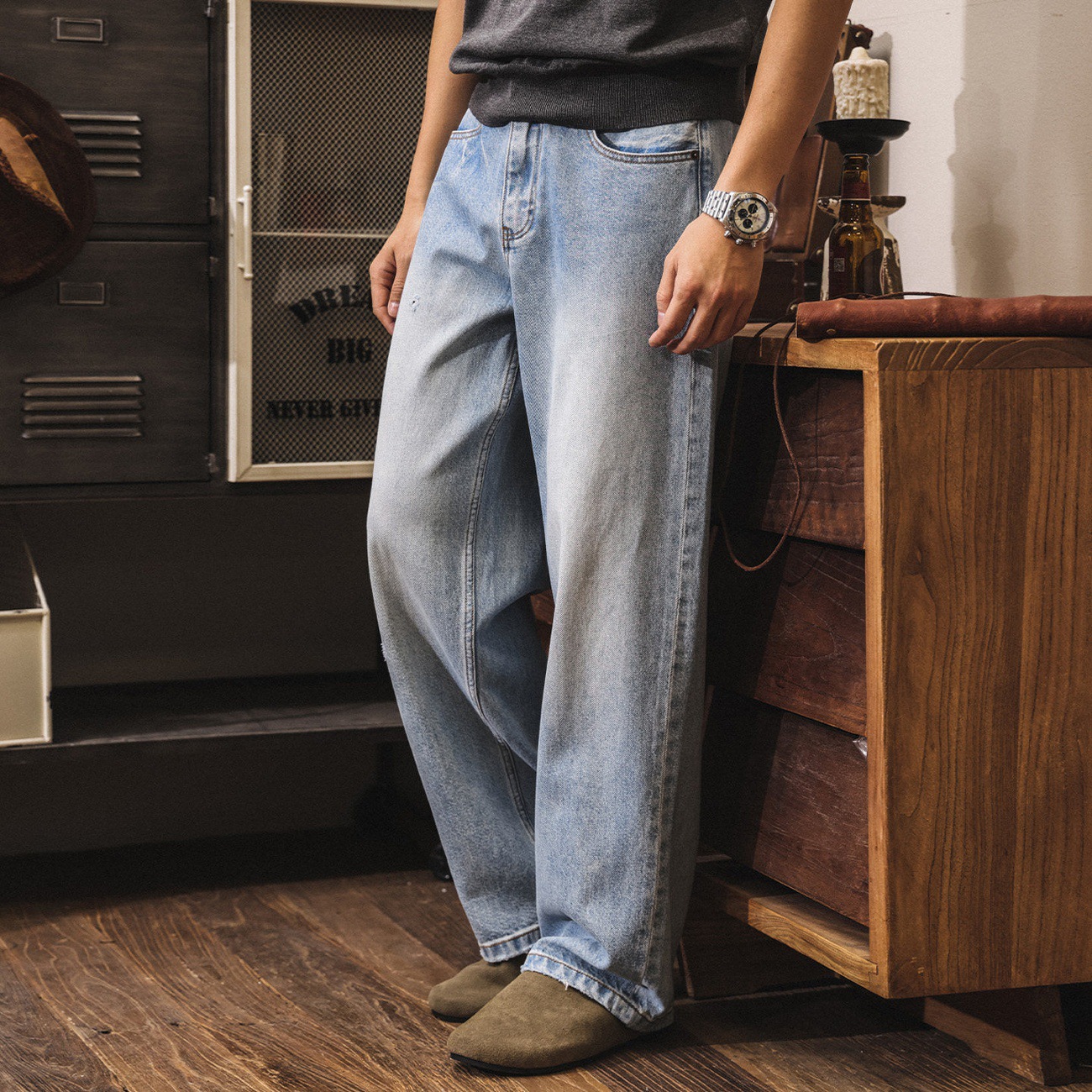 美式復古水洗磨白闊腿牛仔褲男款2026新款春季潮牌寬鬆休閒直筒褲