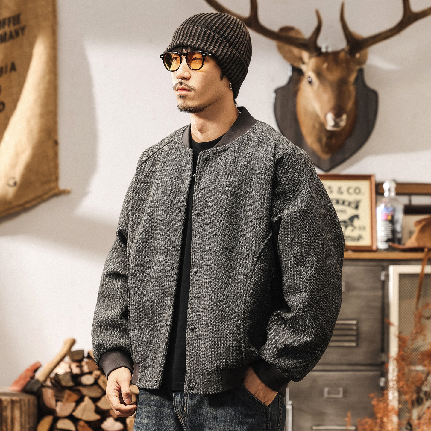 美式復古重磅棒球服外套男春秋寬鬆潮牌男士秋冬款花紗老錢風夾克