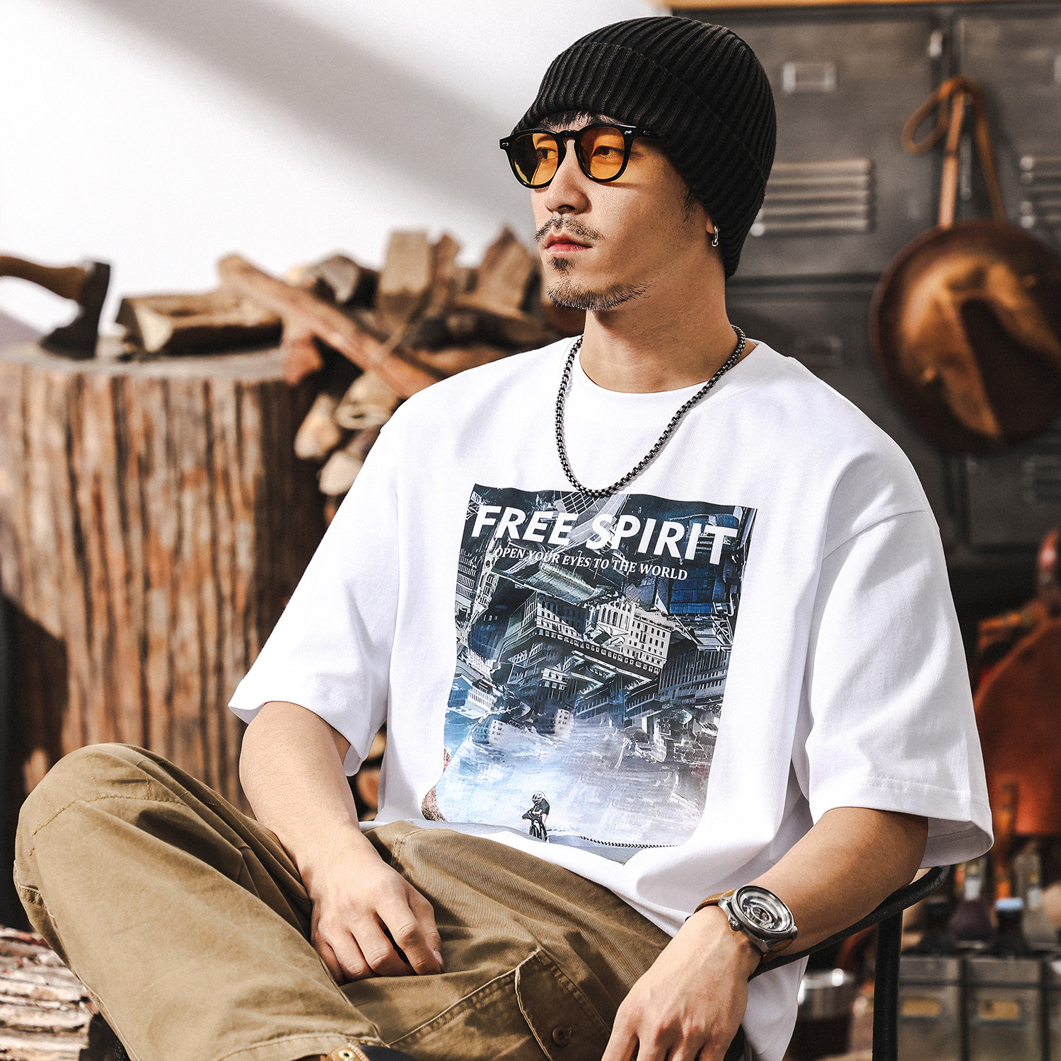 300g重磅T恤男短袖夏季2025新款潮流白墨直噴印花半袖上衣男