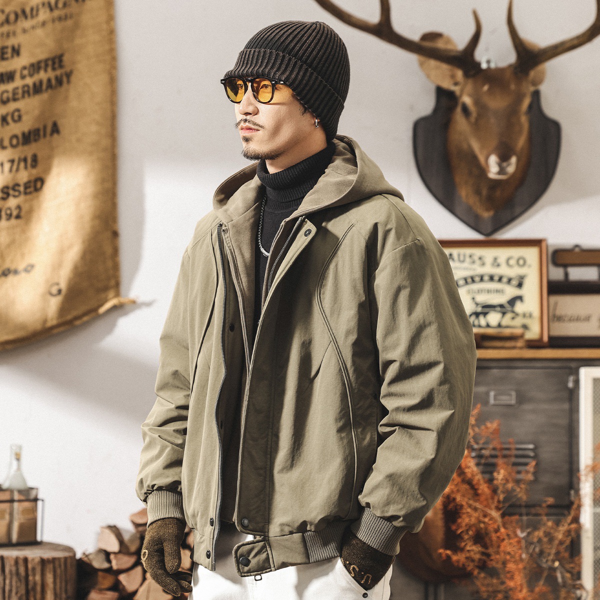 美式復古假兩件連帽冬季工裝羽絨服男寬鬆加厚90鴨絨禦寒保暖外套