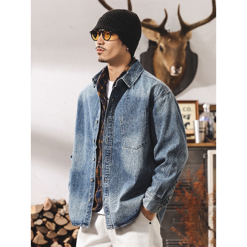 美式復古石磨水洗牛仔外套男春秋款寬鬆潮牌長袖襯衫男士秋季夾克