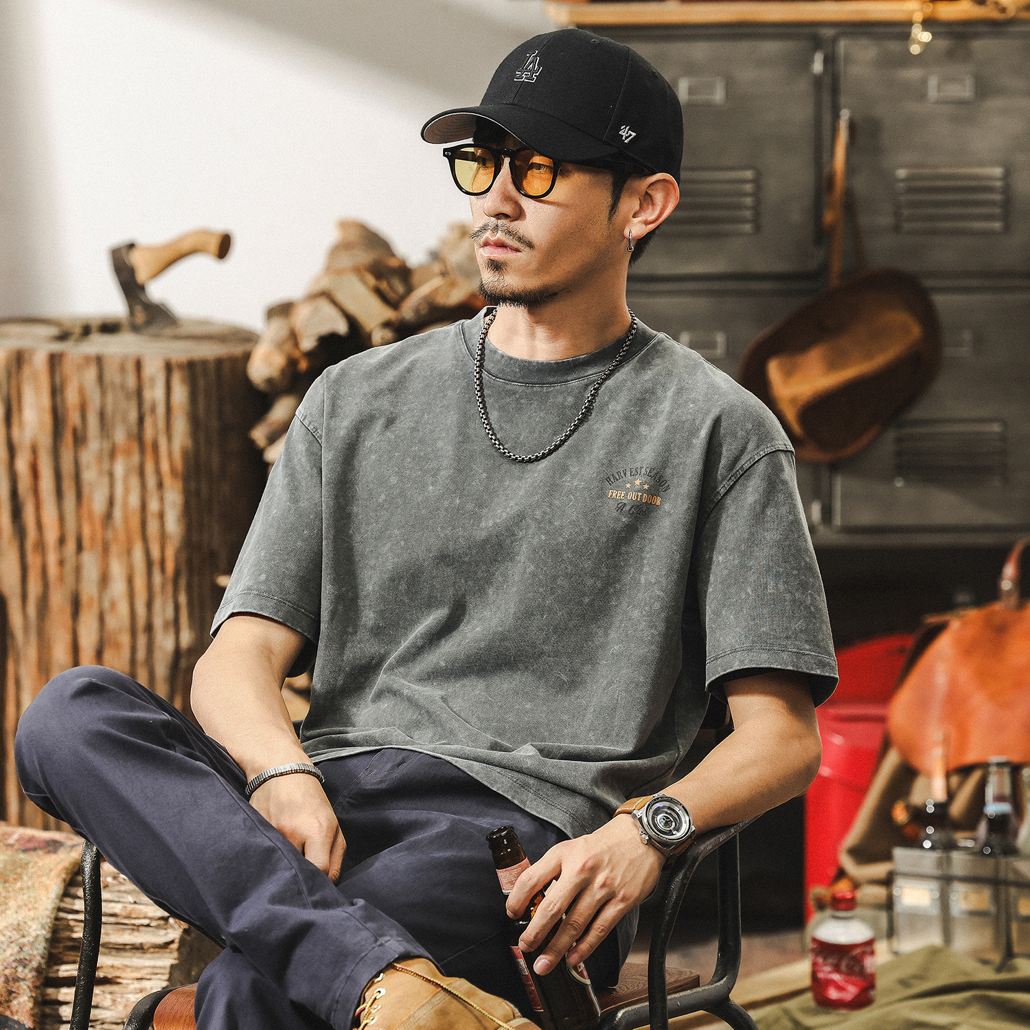 美式復古做舊水洗短袖夏季男士T恤2025新款潮牌寬鬆印花衣服