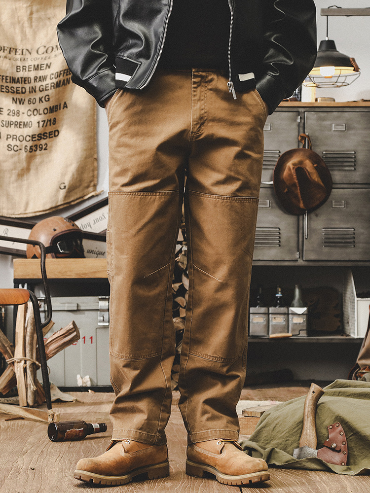 美式重磅複古工裝褲男直筒寬松2024新款雙膝伐木褲秋季休閑褲子男