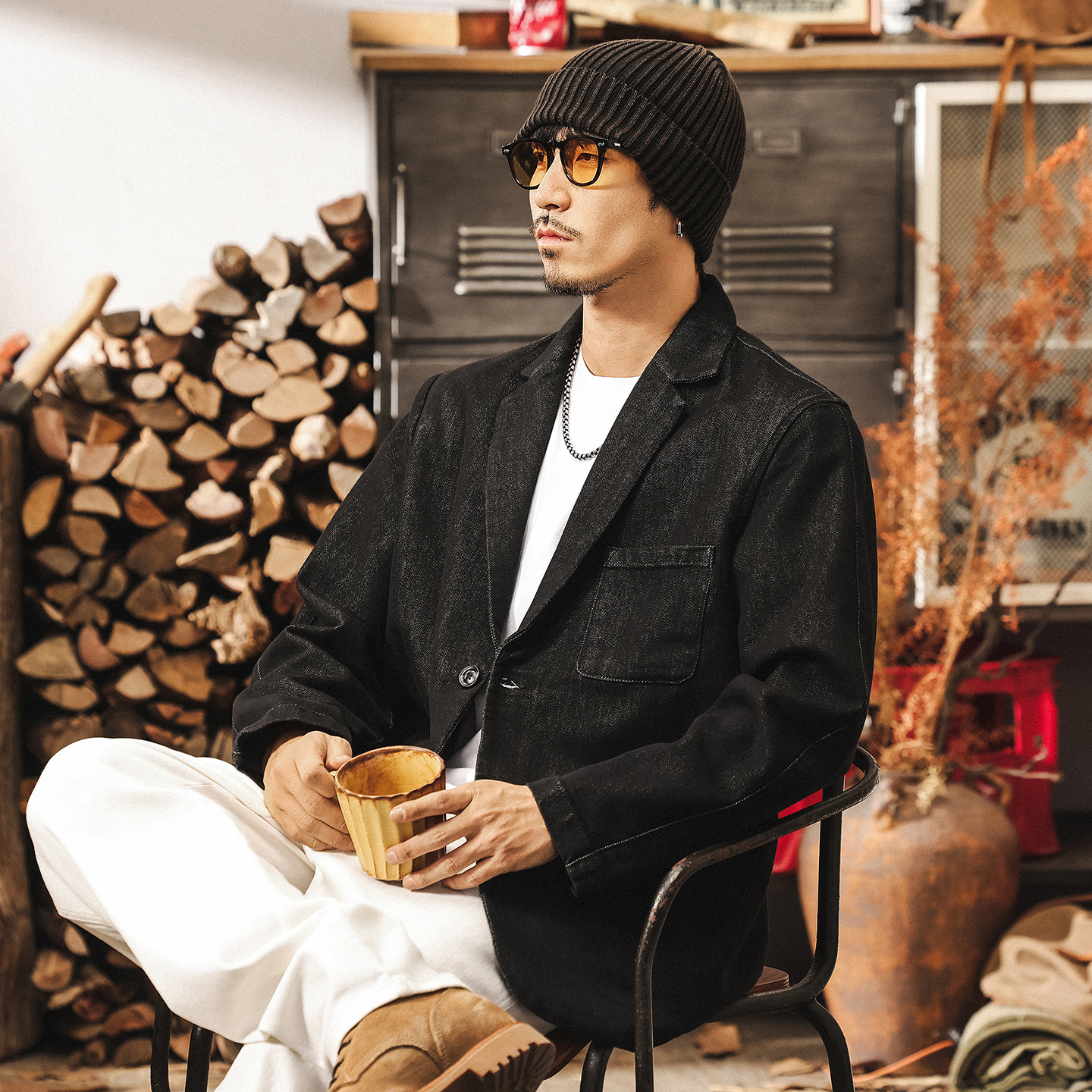 美式復古丹寧水洗西裝夾克牛仔外套男春秋輕熟通勤寬鬆休閒西服男