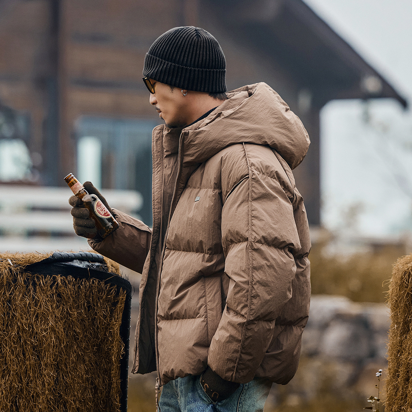 美式復古高充絨蓬鬆連帽羽絨服男冬季加厚保暖一體連帽麪包服外套