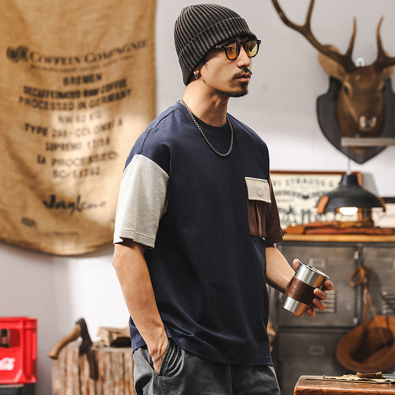 新疆棉拼色短袖男夏季2025新款美式復古寬鬆上衣潮流250g重磅T恤