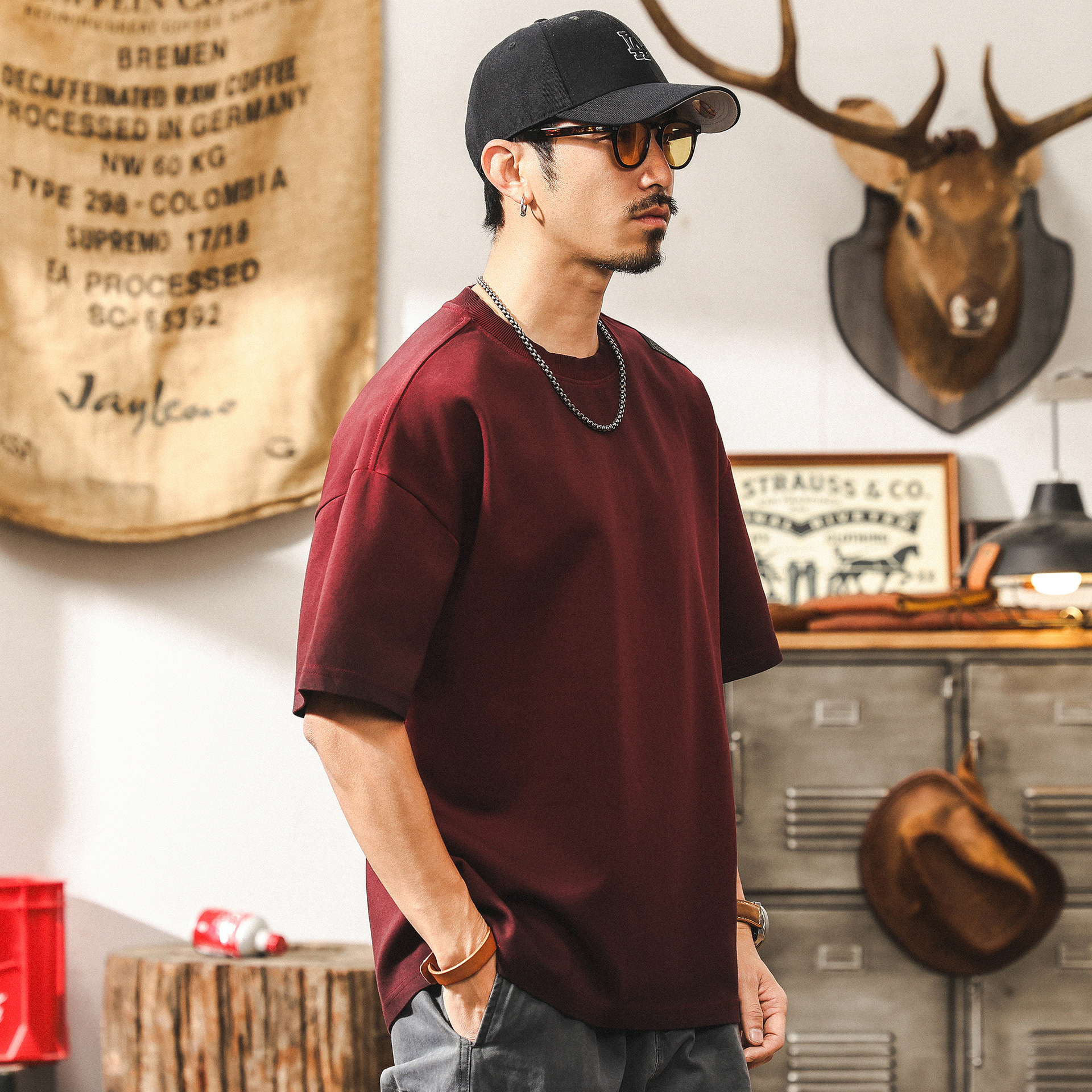 300g重磅T恤男短袖男士夏季寬鬆潮牌安可拉紅髒髒洗美式復古上衣