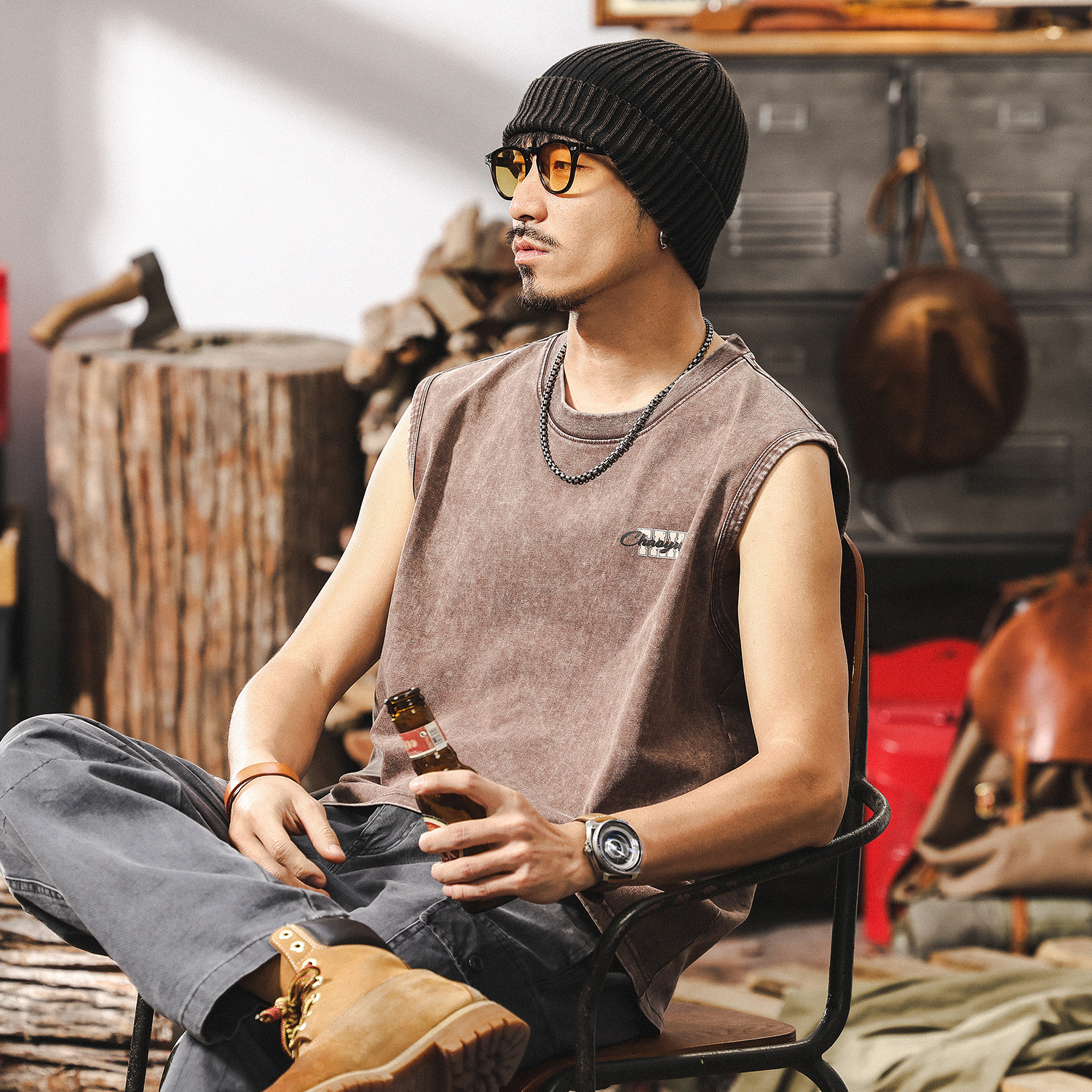 美式復古260g重磅T恤男夏季2025新款無袖坎肩寬鬆運動健身背心男T