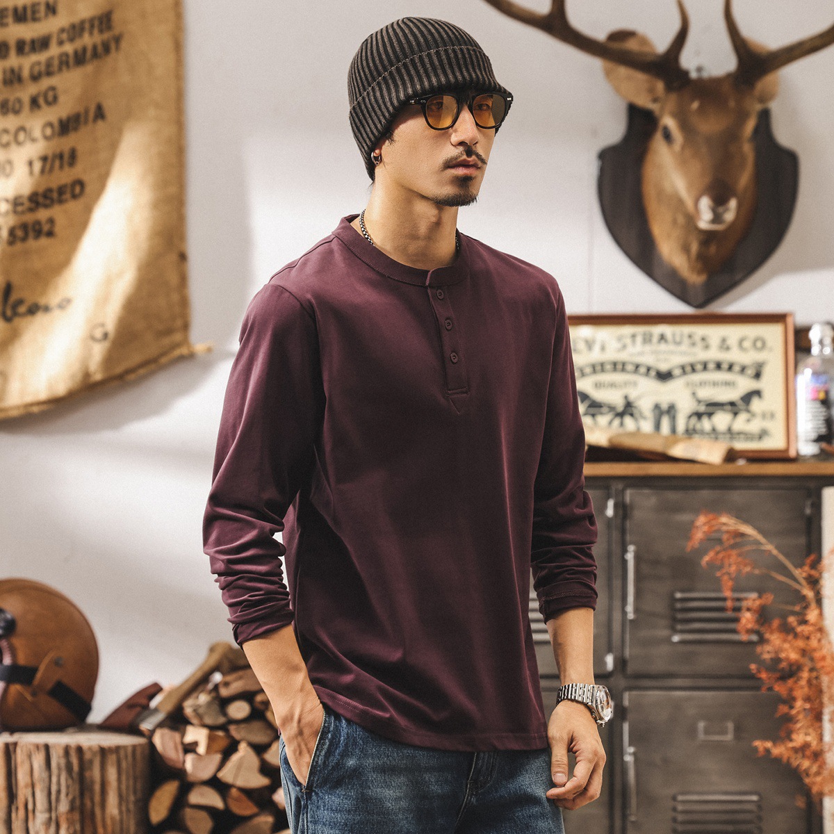 美式復古磨毛輕柔亨利領polo衫男新款長袖t恤男春秋寬鬆上衣