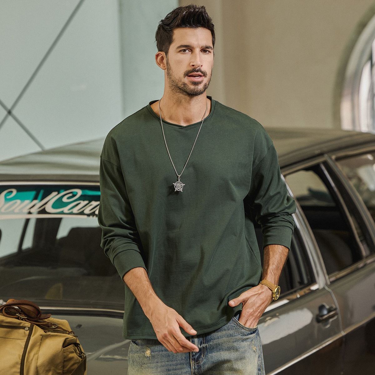 美式復古重磅長袖T恤男春季新款基礎內搭男士打底衫寬鬆上衣