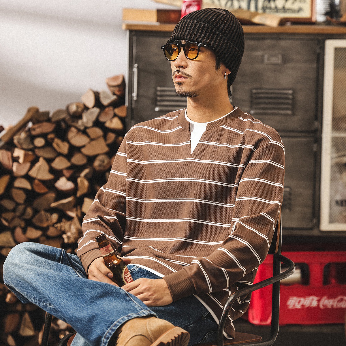 美式復古假兩件衛衣男春秋2025新款重磅條紋V領t恤男長袖寬鬆上衣