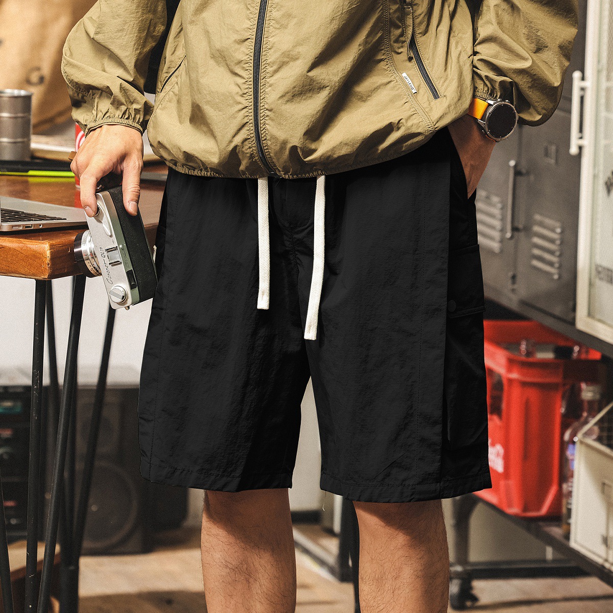 美式復古冰絲薄款短褲男夏季新款拼接潮牌中褲速乾戶外工裝五分褲