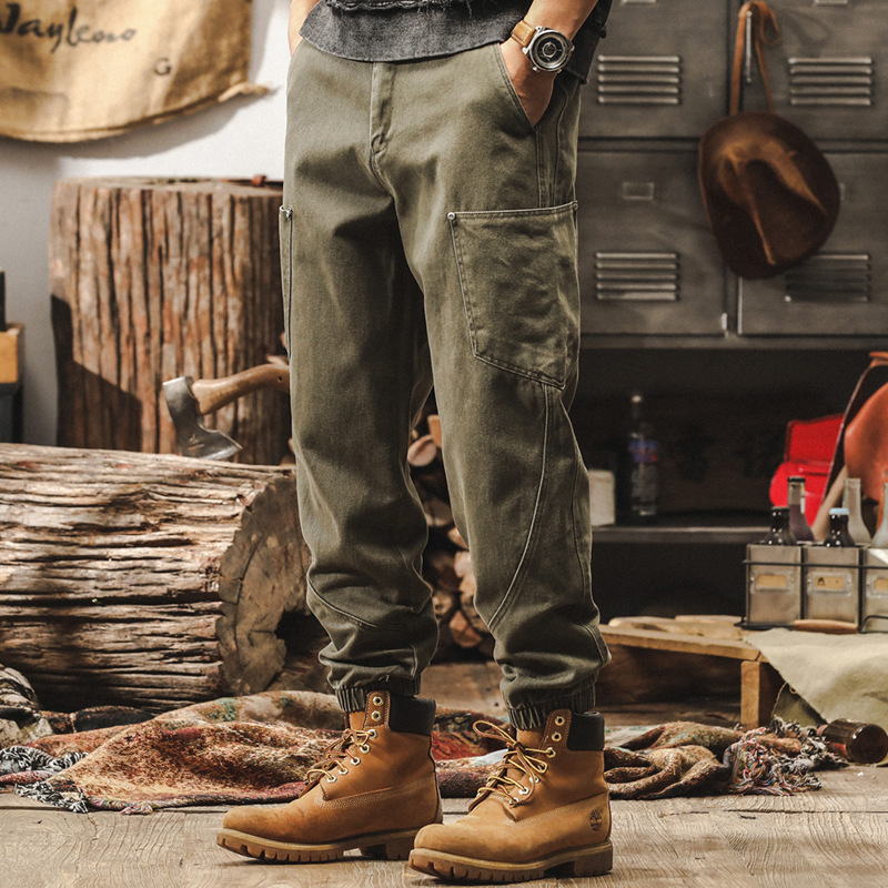 美式重磅復古軍綠色工裝褲子男秋季2024新款潮牌拼接束腳休閒長褲