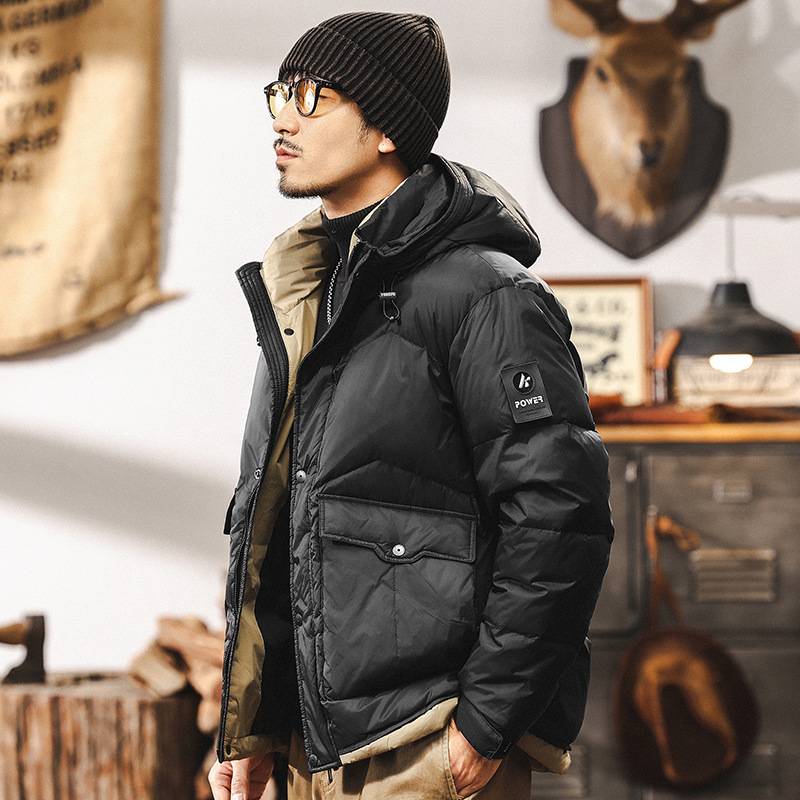 90白鴨絨美式復古工裝羽絨服男冬季加厚連帽面包服男士秋冬外套男