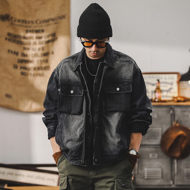 春季黑色牛仔外套男潮牌拼接高級感2024新款痞帥美式工裝休閑夾克