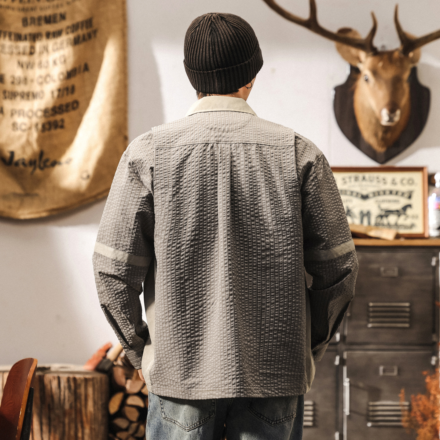 美式復古空氣層蓬鬆感襯衫外套男春秋潮牌拼接寬鬆立體格子襯衣男