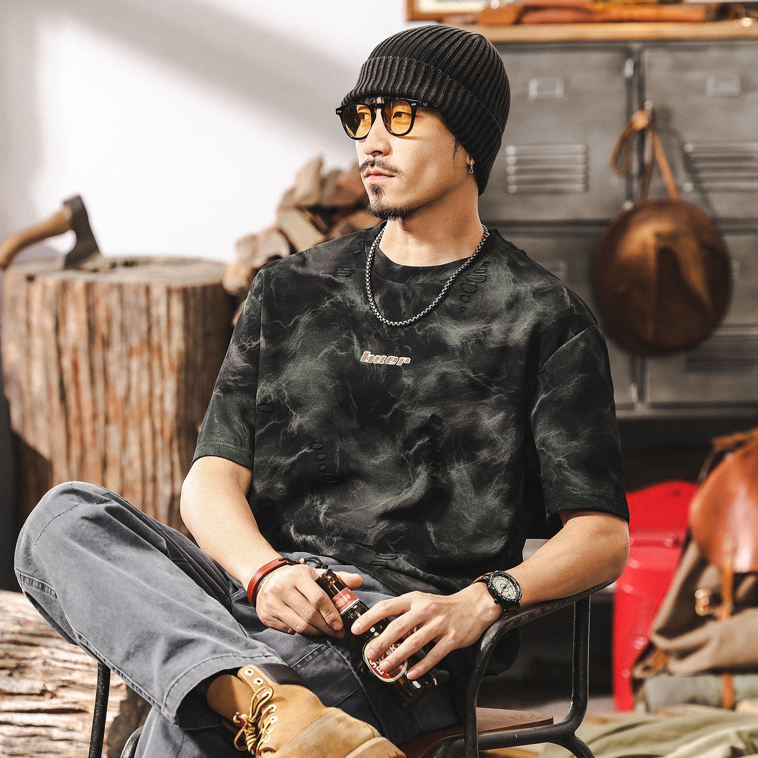 240g重磅短袖美式高街T恤男夏季寬鬆潮流設計感紮染男士半袖上衣T