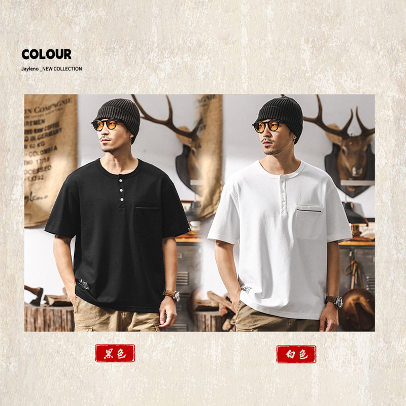 美式復古230g針織亨利領短袖T恤男夏季潮流百搭寬鬆休閒男士上衣