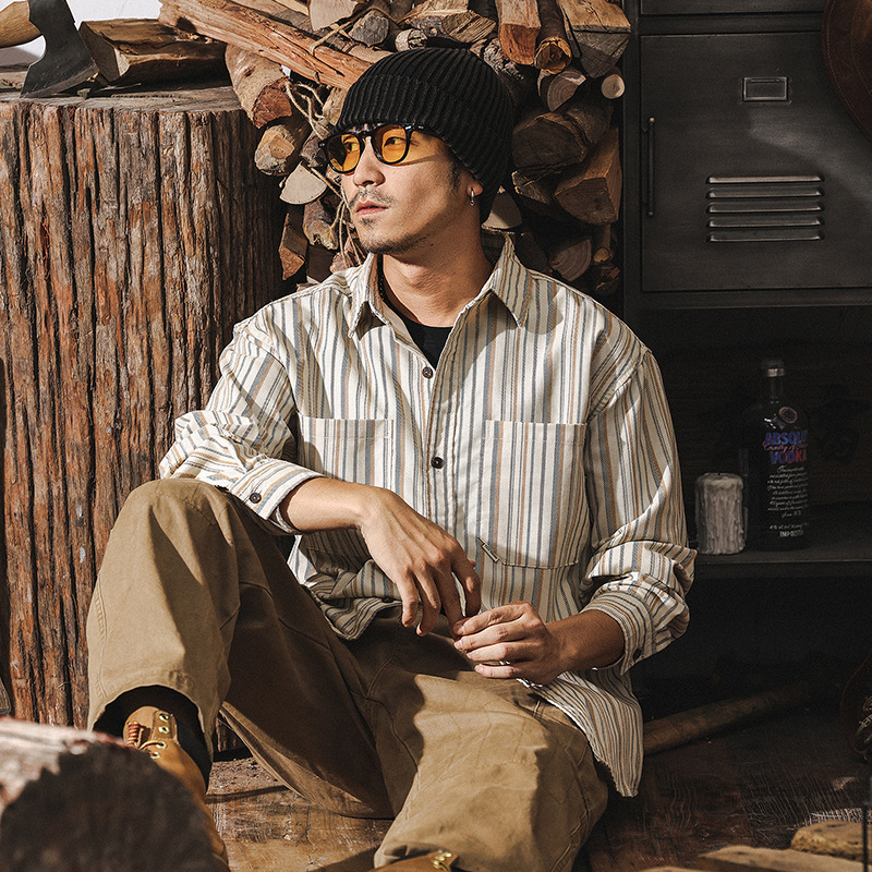 美式復古重磅條紋襯衫男長袖春季2025新款潮牌寬鬆休閒襯衣男外套