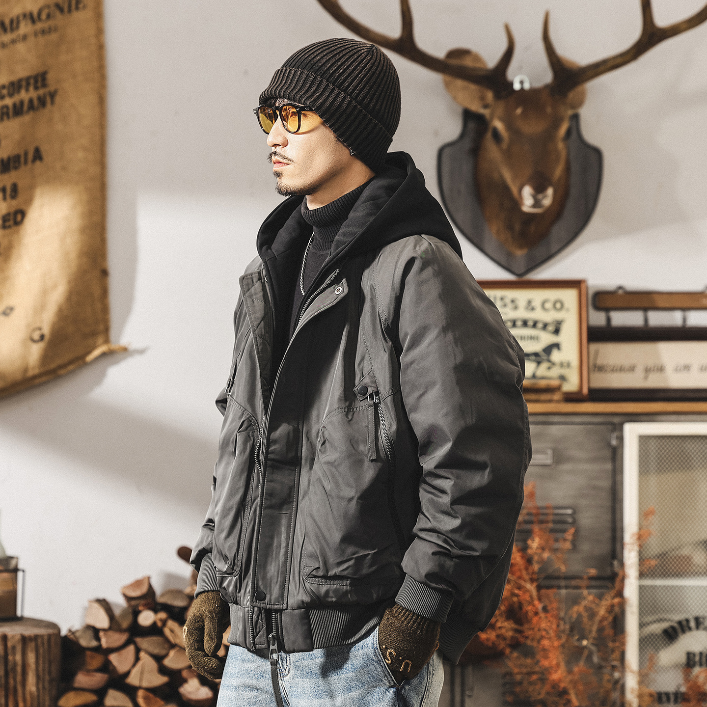 美式復古假兩件工裝羽絨服男冬季加厚90%白鴨絨禦寒保暖連帽外套