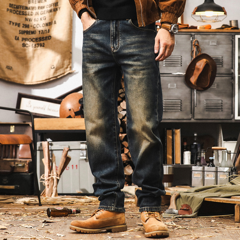 美式復古重磅高端牛仔褲男秋季2024秋季新款直筒做舊水洗休閒長褲