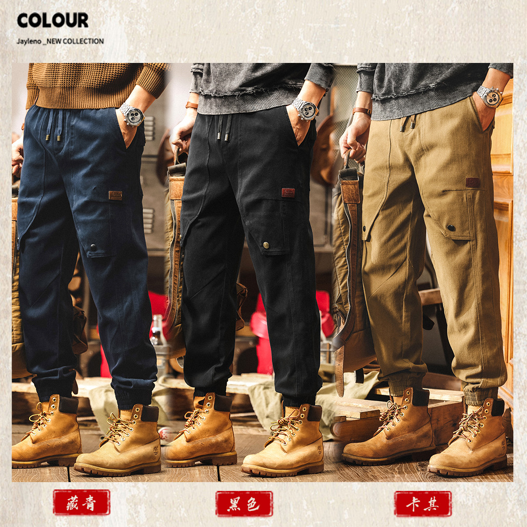美式復古藏青色工裝褲子男士2025秋季潮牌寬鬆直筒束腳男士休閒褲