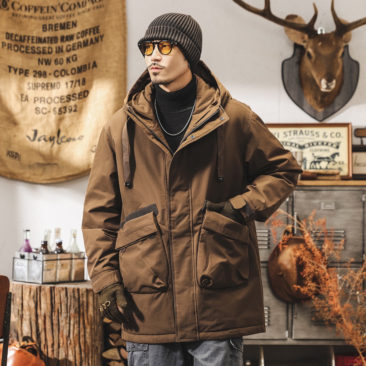 美式復古90%純白鴨絨工裝羽絨服男中長款冬季加厚抗寒保暖外套男