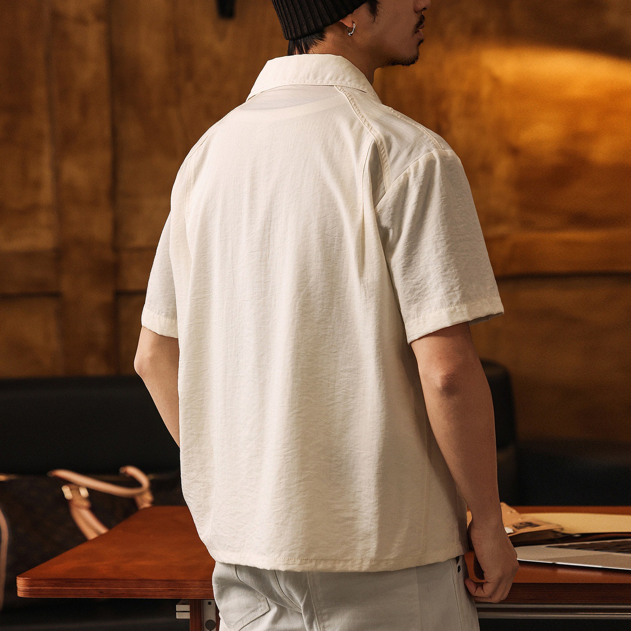 美式復古莫瑞老錢風白色短袖襯衫男士夏季薄款輕奢寬鬆休閒襯衣男