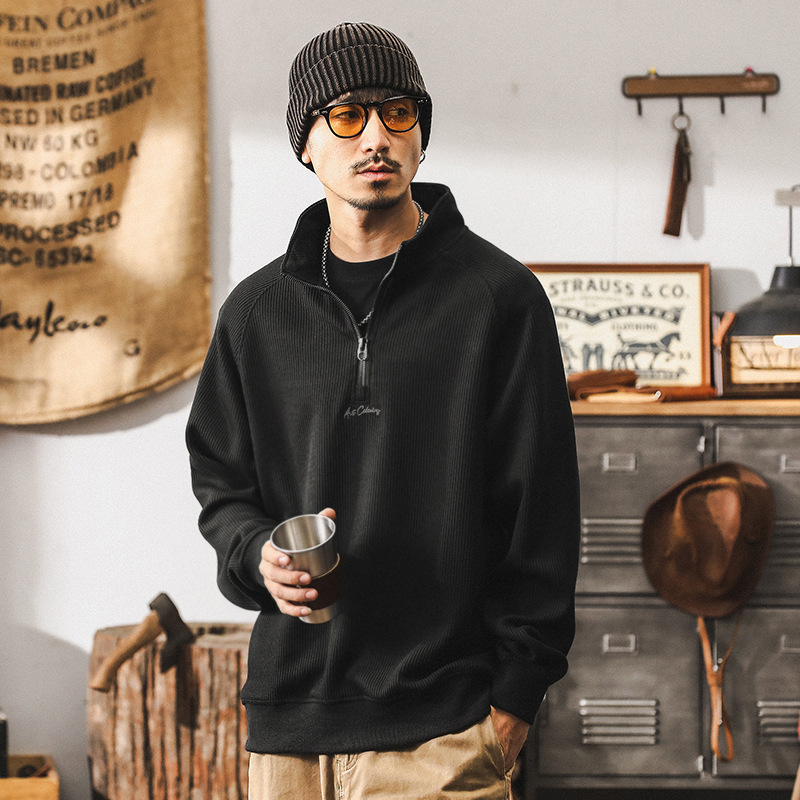 美式復古磨毛條紋針織重磅衛衣男秋季新款潮牌寬鬆肌理感休閒上衣