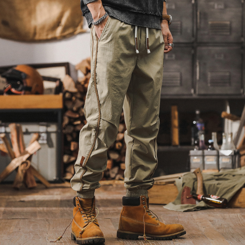 卡其色薄款夏季褲子男2024新款寬鬆束腳褲潮牌撞色設計男士休閒褲