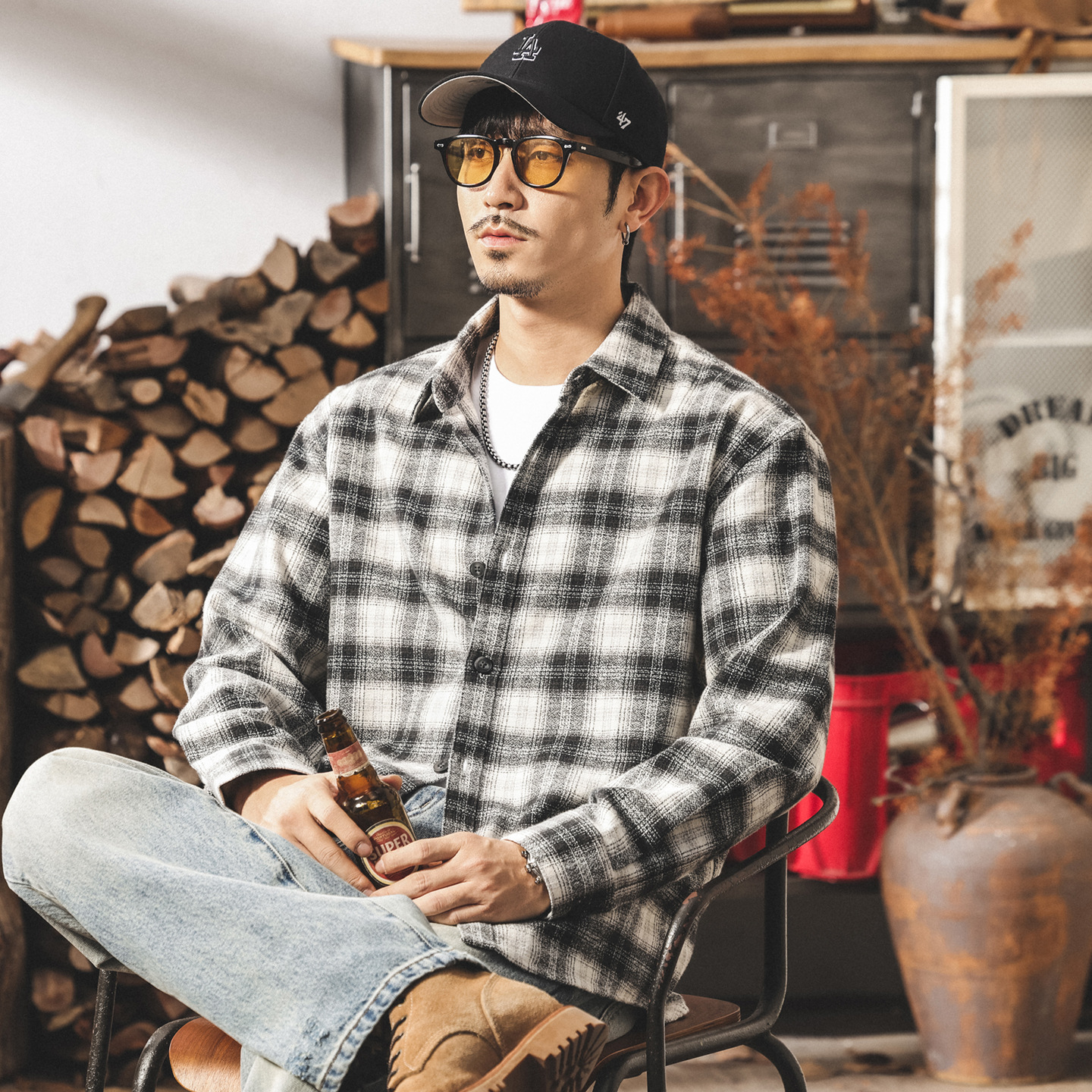 美式復古經典黑白格子襯衫男長袖春秋潮牌新款寬鬆休閒襯衣外套男