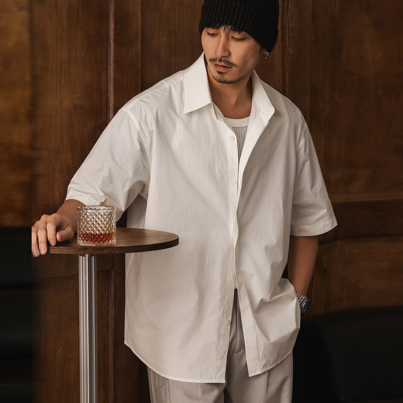 美式復古長絨棉極簡風短袖襯衫男夏季潮牌寬鬆商務休閒白色襯衣男