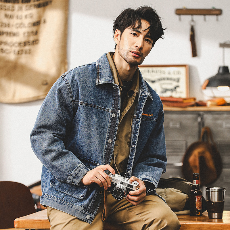 美式重磅經典復古丹寧牛仔外套男春秋寬鬆硬挺獵裝工裝夾克男秋季