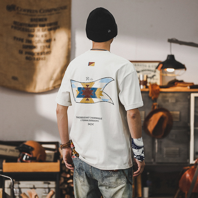 2024新款T恤男寬鬆美式重磅衣服短袖男夏季膠漿印花潮牌上衣