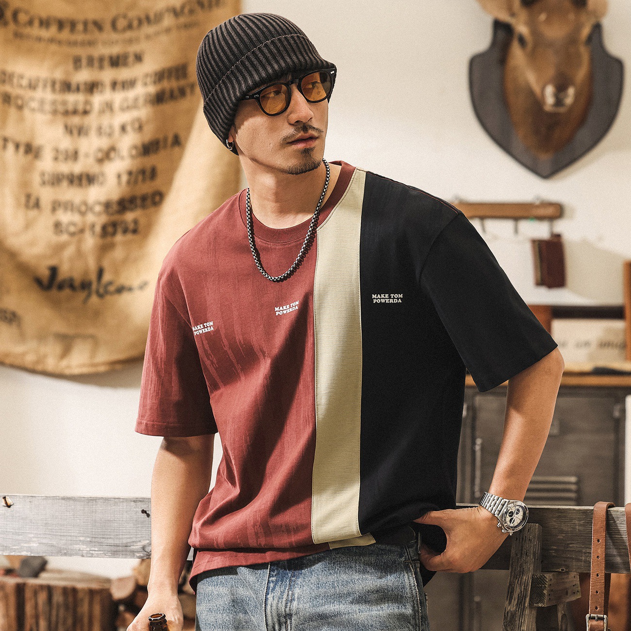 美式復古潮牌拼接撞色短袖男夏季2026新款重磅T恤男寬鬆上衣