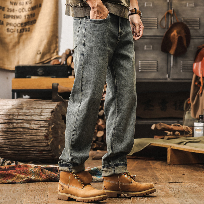 美式復古直筒牛仔褲男款秋季潮牌黃泥水洗加絨男士寬鬆休閒長褲子