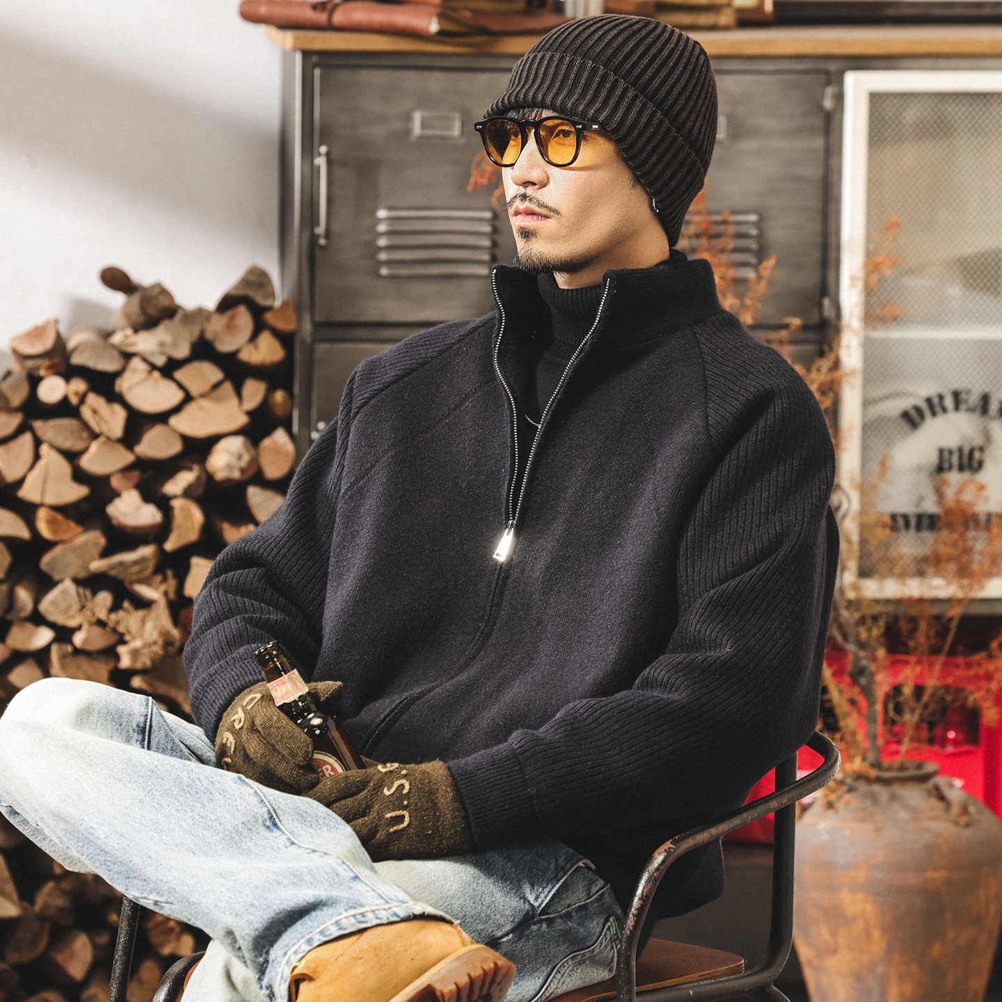 美式復古針織羽絨服男款冬季加厚半高領男士毛衣寬鬆抗寒保暖外套