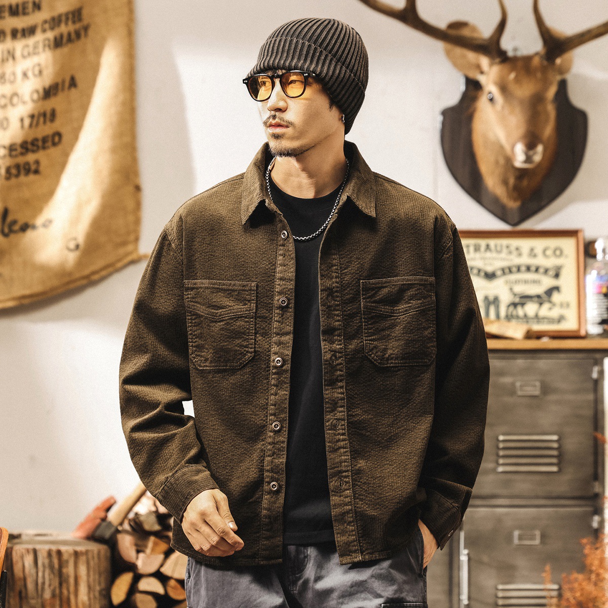 美拉德復古仿羊毛燈芯絨條紋襯衫男長袖春秋潮牌寬鬆休閒襯衣外套