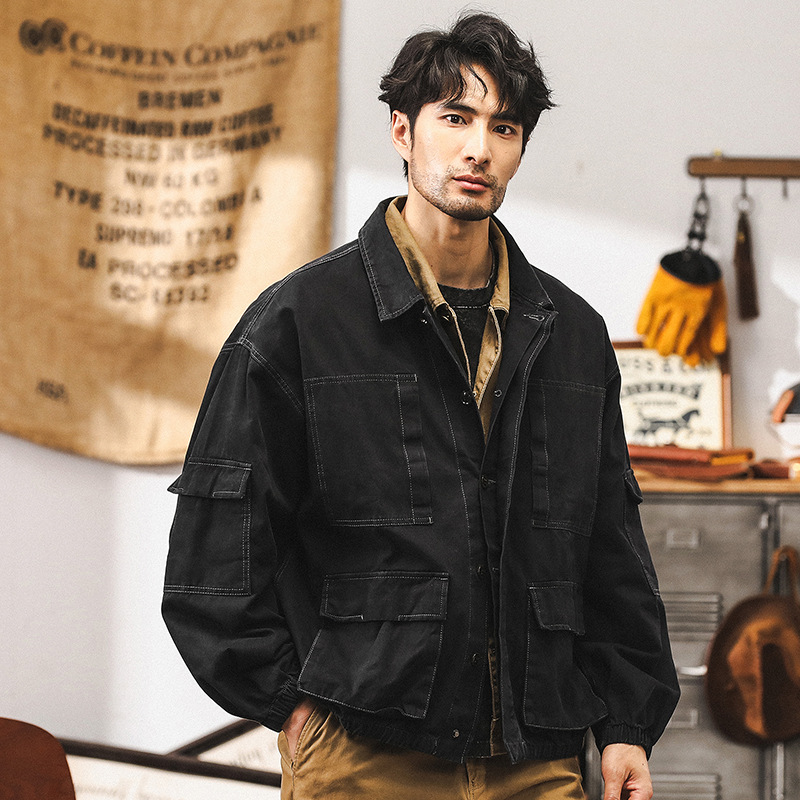 美式復古黑色牛仔外套男春秋款潮牌硬漢獵裝戶外機能工裝秋季夾克